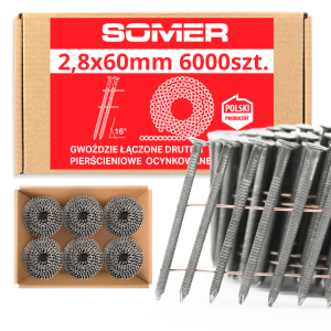 2,8/60mm, 6000 szt. Pierścieniowe Ocynkowane / Gwoździe do gwoździarki łączone drutem (bębnowe)